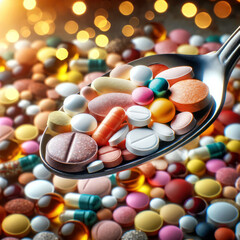 Loads of vitamins and supplement concept, overload, overdose, over pills, over need. A spoon that full of pills and capsules, medicine, dietary, health, nutrition, unhealthy