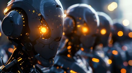 Un groupe de robots futuristes avec des yeux brillants et des lumières orange sur la tête, arrière-plan bokeh dans un style hyperréaliste. - obrazy, fototapety, plakaty