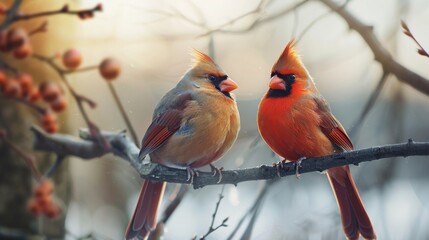 Red Northern Cardinal birds perching on a branch of a tree