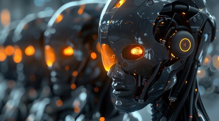 Un groupe de robots futuristes avec des yeux brillants et des lumières orange sur la tête, arrière-plan bokeh dans un style hyperréaliste.