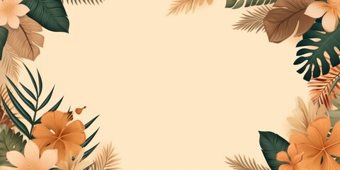 Tropical plants frame background with tan blank space for text on tan background, top view. Flat lay style. ,copy Space flat design