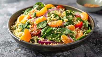 Fresh and colorful vegetable millet salad with red onion, cherry tomatoes, spinach, and tangy citrus dressing - healthy eating concept