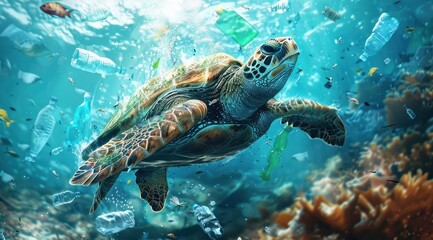 Obraz na płótnie Canvas Une tortue de mer nageant parmi des bouteilles en plastique et d'autres déchets dans l'océan, mettant en évidence la pollution de l'environnement.
