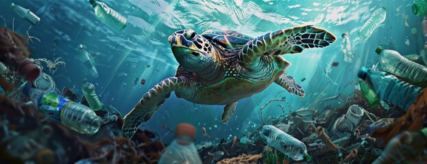 Une tortue de mer nageant parmi des bouteilles en plastique et d'autres déchets dans l'océan, mettant en évidence la pollution de l'environnement. - obrazy, fototapety, plakaty