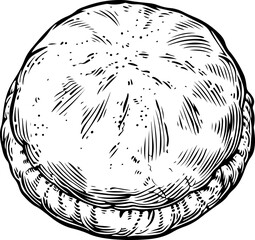 A monochrome illustration of a puffy pita bread, showcasing the round shape and the iconic pocket, ideal for culinary sites and international cuisine guides.