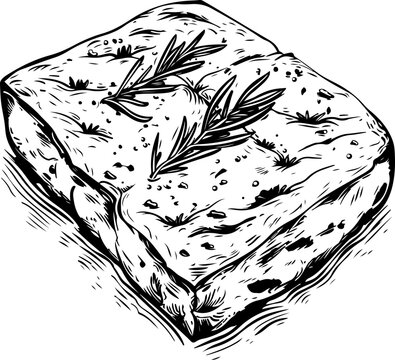 a hand-drawn sketch of rosemary focaccia bread, capturing its rustic charm, ideal for culinary content and recipe visuals.