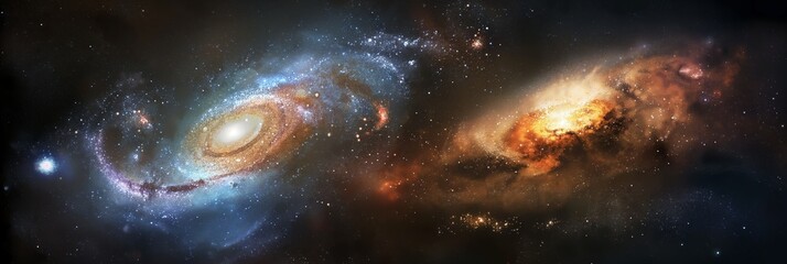 Obraz na płótnie Canvas An awe-inspiring view of two spiral galaxies merging in the vastness of space, showcasing the majesty of the cosmos