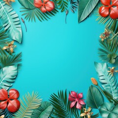 Fototapeta na wymiar Tropical plants frame background with turquoise blank space for text on turquoise background, top view. Flat lay style. ,copy Space