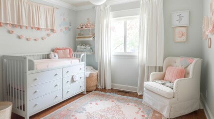 Assembling a dreamy nursery, soft colors, gentle, welcoming new life