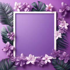Fototapeta na wymiar Tropical plants frame background with violet blank space for text on violet background, top view. Flat lay style. ,copy Space flat design