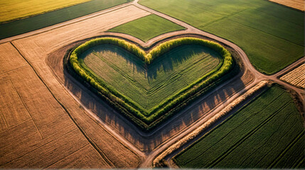 Aerial view of agricultural field in shape of heart. Concept of sustainable farming, love for nature and countryside