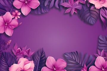 Tropical plants frame background with violet blank space for text on violet background, top view. Flat lay style. ,copy Space flat design