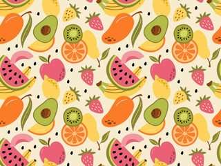 Vector seamless pattern of colorful fruits and berries. Summer print with hand drawn fruits. Tropical print.