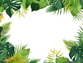 Tropical plants frame background with white blank space for text on white background, top view. Flat lay style. ,copy Space flat design