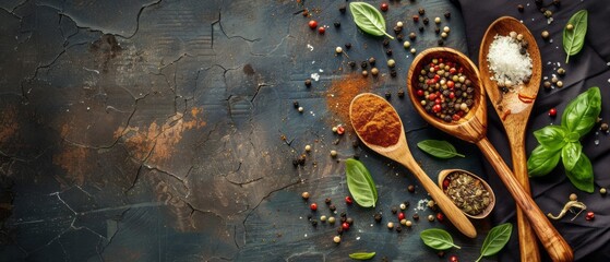 Rustic wooden spoon with fresh ingredients on rustic table setting, kitchen culinary concept - Powered by Adobe