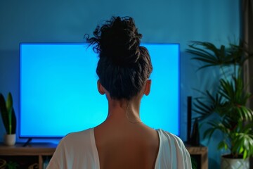 Application mockupover the shoulder shot of a adult woman in front of an smart-tv with a completely blue screen