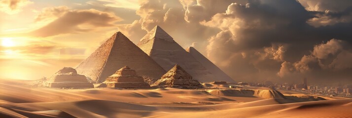 The timeless grandeur of the Great Pyramids of Giza, captured against the backdrop of a stunning desert sunset