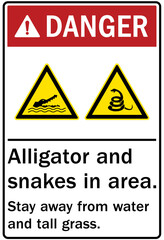 Beware of alligator sign alligator and snakes in area