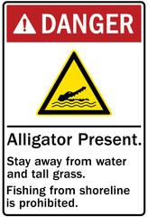 Beware of alligator sign alligator present. Stay away from water and tall grass. Fishing from shoreline is prohibited