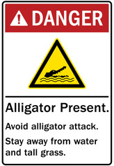 Beware of alligator sign alligator present. Avoid alligator attack. Stay away from water and tall grass