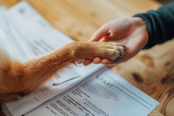 Signing a pet medical insurance contract. Contract form, person's hand and dog's paw on the table....