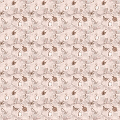 Monochrome seamless pattern in vintage style with keys, pocket watch, butterflies and old newspapers. Hand-drawn watercolor illustration.