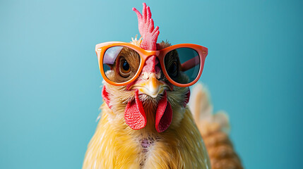 chicken with orange sunglasses on blue background - obrazy, fototapety, plakaty
