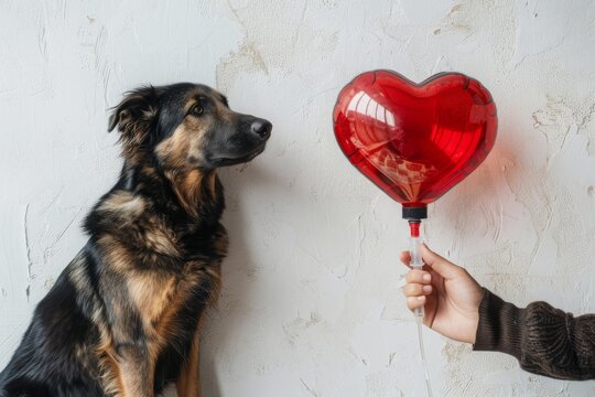 Blood donation for pets. Dog looks at dropper in human hand in shape of red heart. Conceptual image of emergency help for animals, veterinary medicine, blood transfusion, animal rescue, pet insurance.