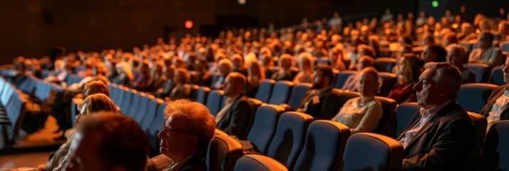 An image showing a group of people with blurred faces engaged in watching a performance or presentation in a theater