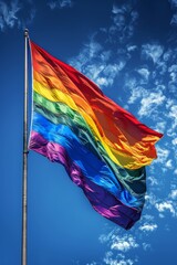 A rainbow LGBT flag flies against a blue sky