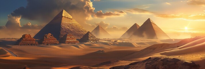 An impressive image that captures the Great Pyramids of Giza during a dramatic sunset, emphasizing the scale and wonder of these ancient structures - obrazy, fototapety, plakaty