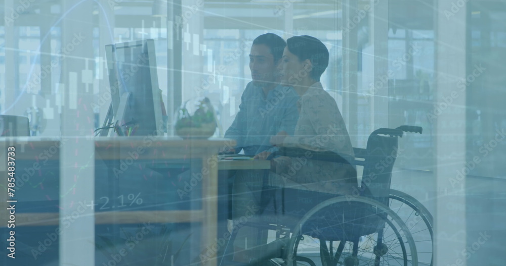 Sticker Image of graphs, diverse woman sitting on wheelchair discussing reports with coworker in office