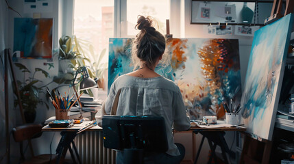The artist paints a picture in her studio