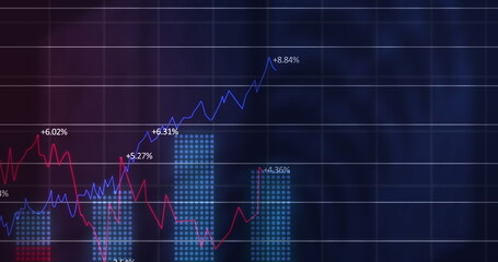 Image of statistical data processing over grid network against purple background