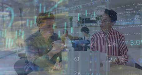 Image of financial data processing over diverse business people working at office