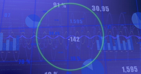 Image of green round banner with copy space over statistical data processing on blue background