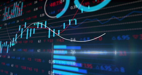 Image of statistical and stock market data processing against blue background