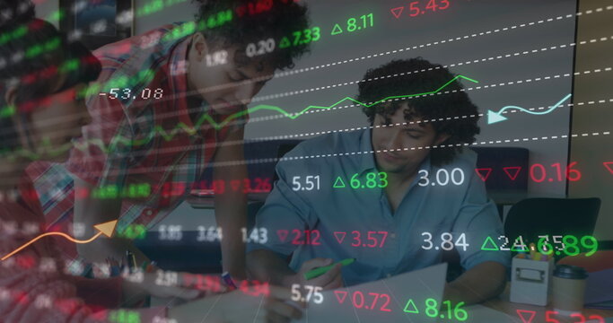 Image of financial data processing over diverse business people in office