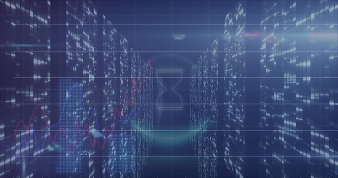Image of hour glass icon spinning over statistical data processing and screens of mosaic squares