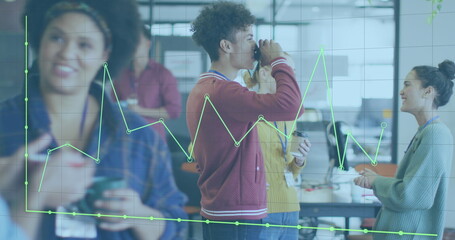 Image of data processing over diverse business people having meeting at office