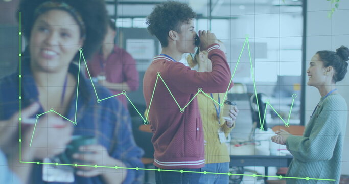 Image of data processing over diverse business people having meeting at office