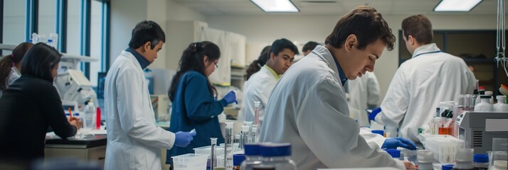 University students conducting experiments in a chemical lab - obrazy, fototapety, plakaty