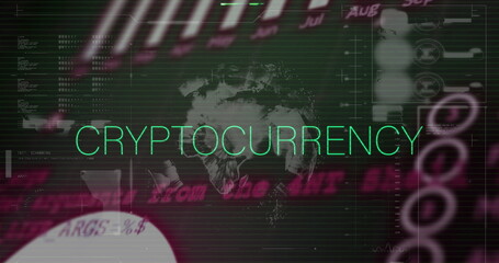 Image of cryptocurrency text, statistics and data processing