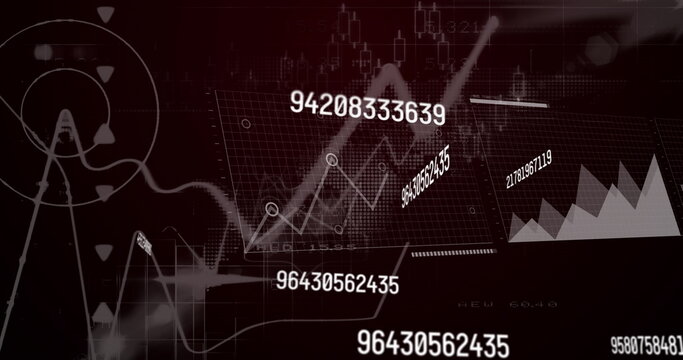 Image of light trails over data processing on black background