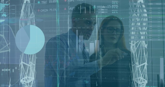 Image of infographic interface, caucasian coworkers brainstorming on transparent board in office