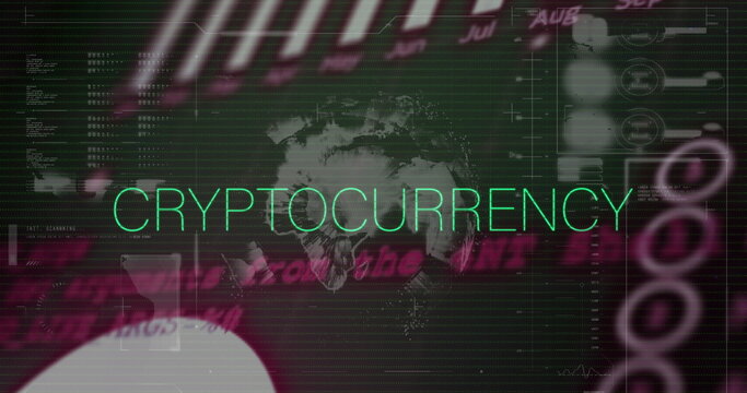 Image of cryptocurrency text, statistics and data processing