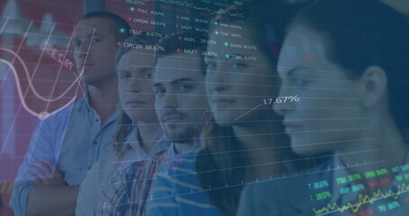 Image of financial data processing over diverse business people