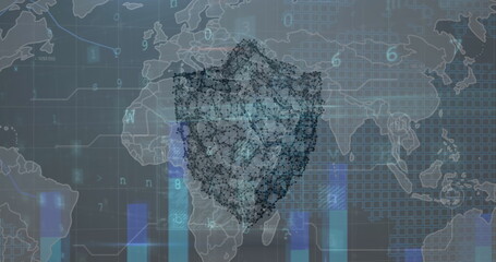 Image of cyber security concept icons and data processing against world map on grey background