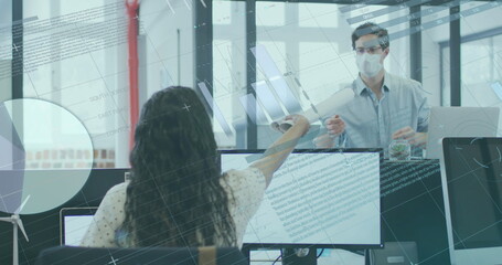 Image of data processing over caucasian businessman in face mask in office