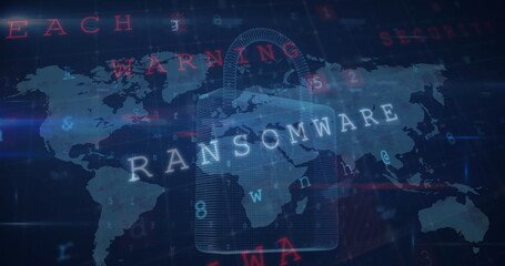 Image of cyber security data processing over security padlock icon against world map